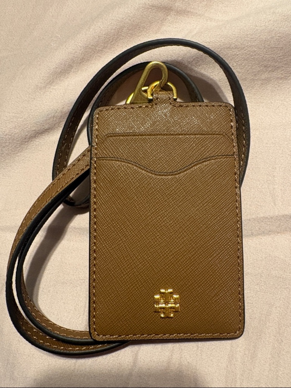 Tory Burch Brown Saffiano Leather ID Card Holder with Gold Hardware and Lanyard
